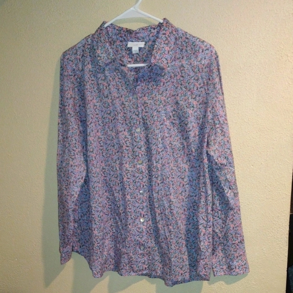 J. Jill Blue and Pink Casual Ditzy Floral Lightweight 100% Cotton Button Down  M